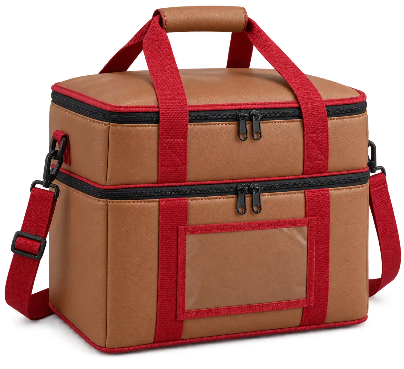Caramel Tan Faux Leather Thermal Burger Delivery Bag — Red