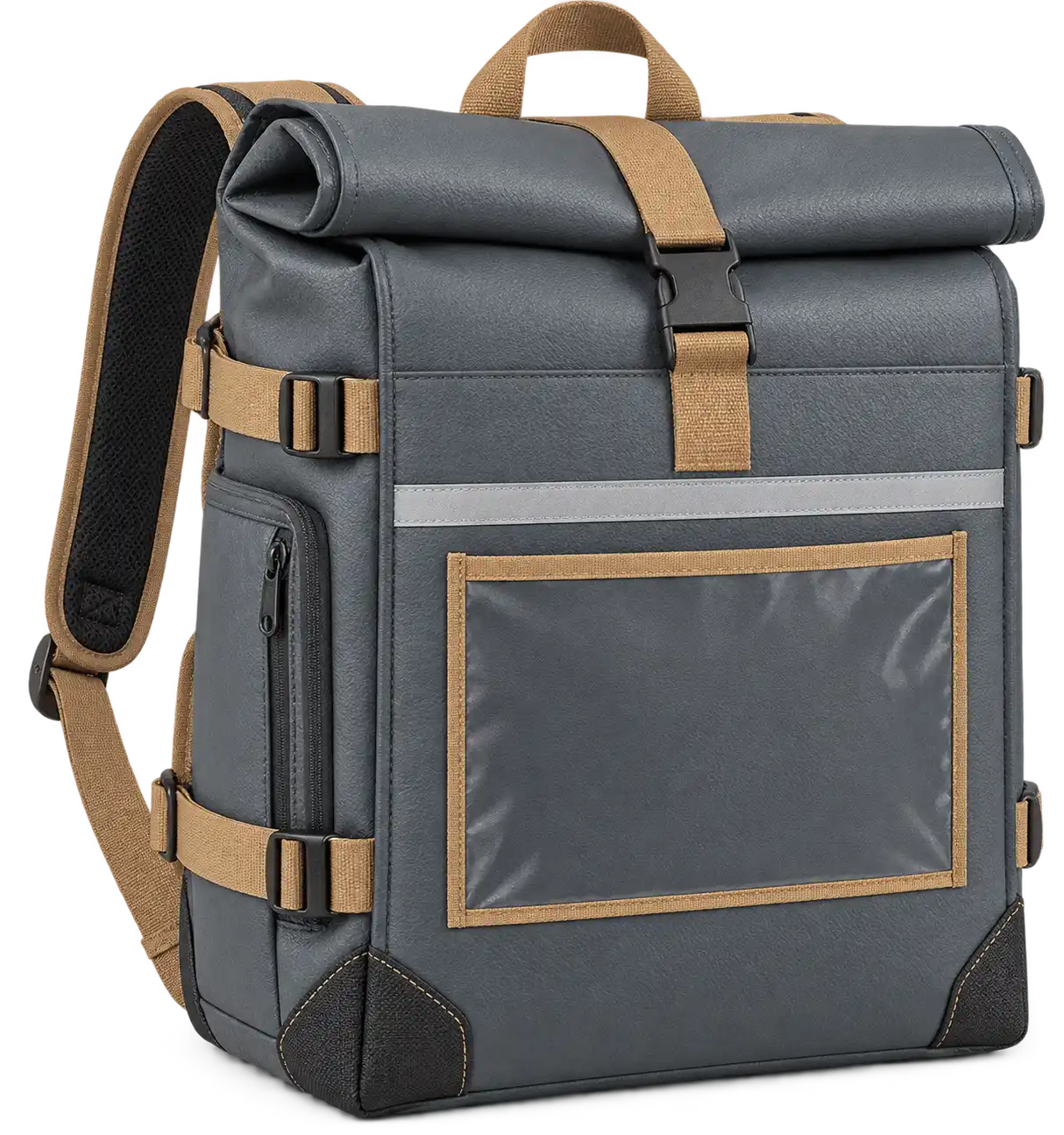 Slate Grey Faux Leather Insulated Rider Delivery Bag — Camel tan