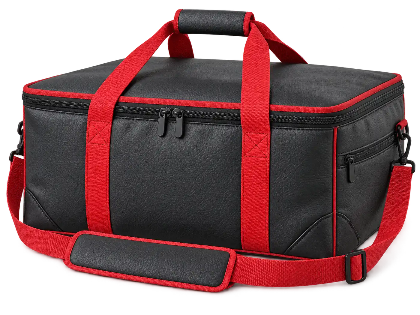 Black Faux Leather Thermal Pizza Delivery Bag — Red