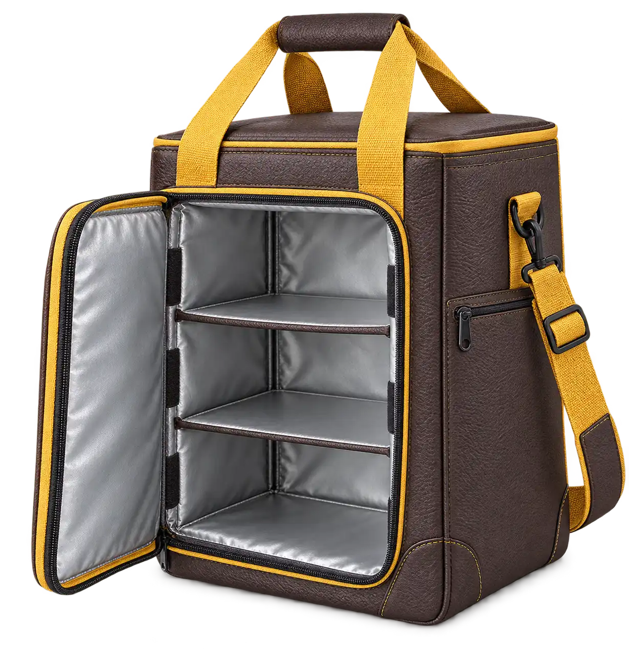 Dark Chocolate Faux Leather Thermal Food Delivery Bag — Golden yellow