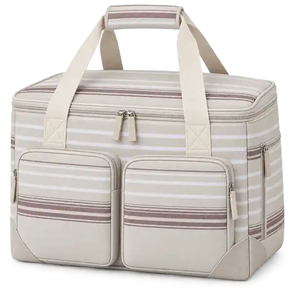 Pale Stone With Narrow White Stripes Polyspun Canvas Thermal Cooler Bag
