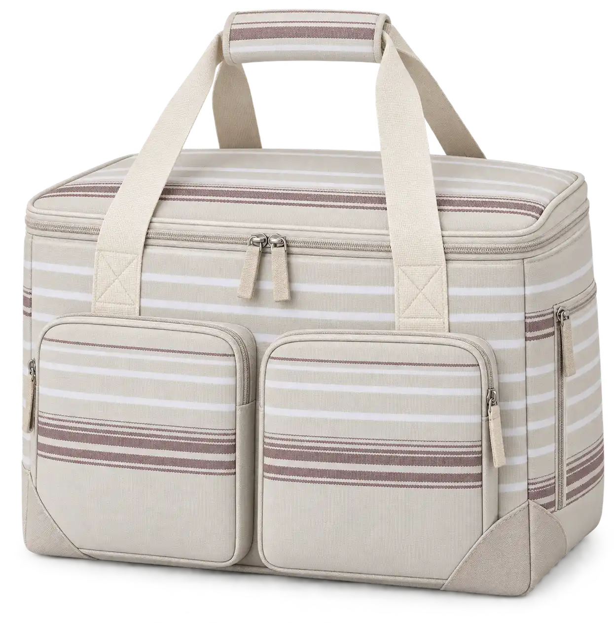 Pale Stone With Narrow White Stripes Polyspun Canvas Thermal Cooler Bag — Ivory