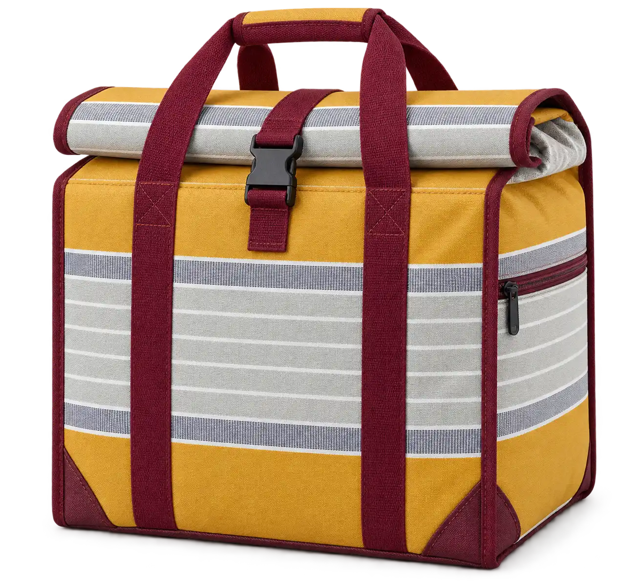 Golden Yellow With Pale Grey And White Stripes Polyspun Canvas Thermal Burger Delivery Bag — Burgundy