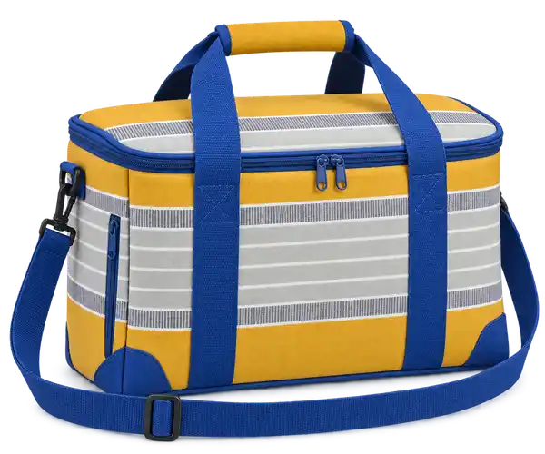 Golden Yellow With Pale Grey And White Stripes Polyspun Canvas Thermal Cooler Bag