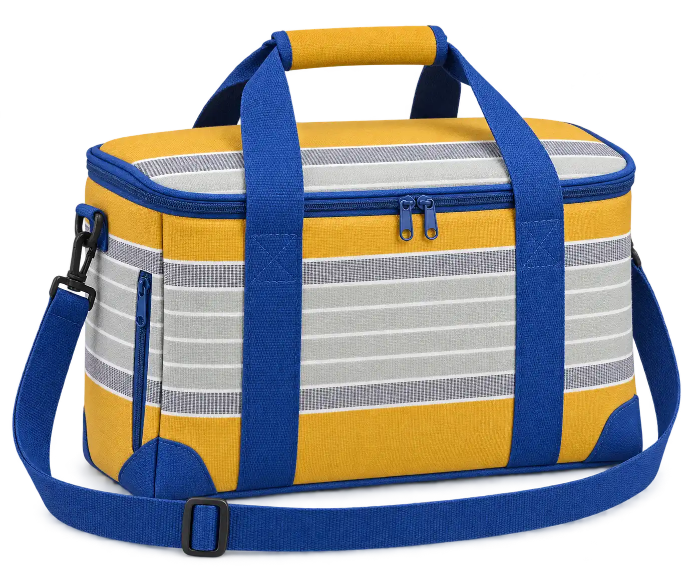 Golden Yellow With Pale Grey And White Stripes Polyspun Canvas Thermal Cooler Bag — Cobalt blue