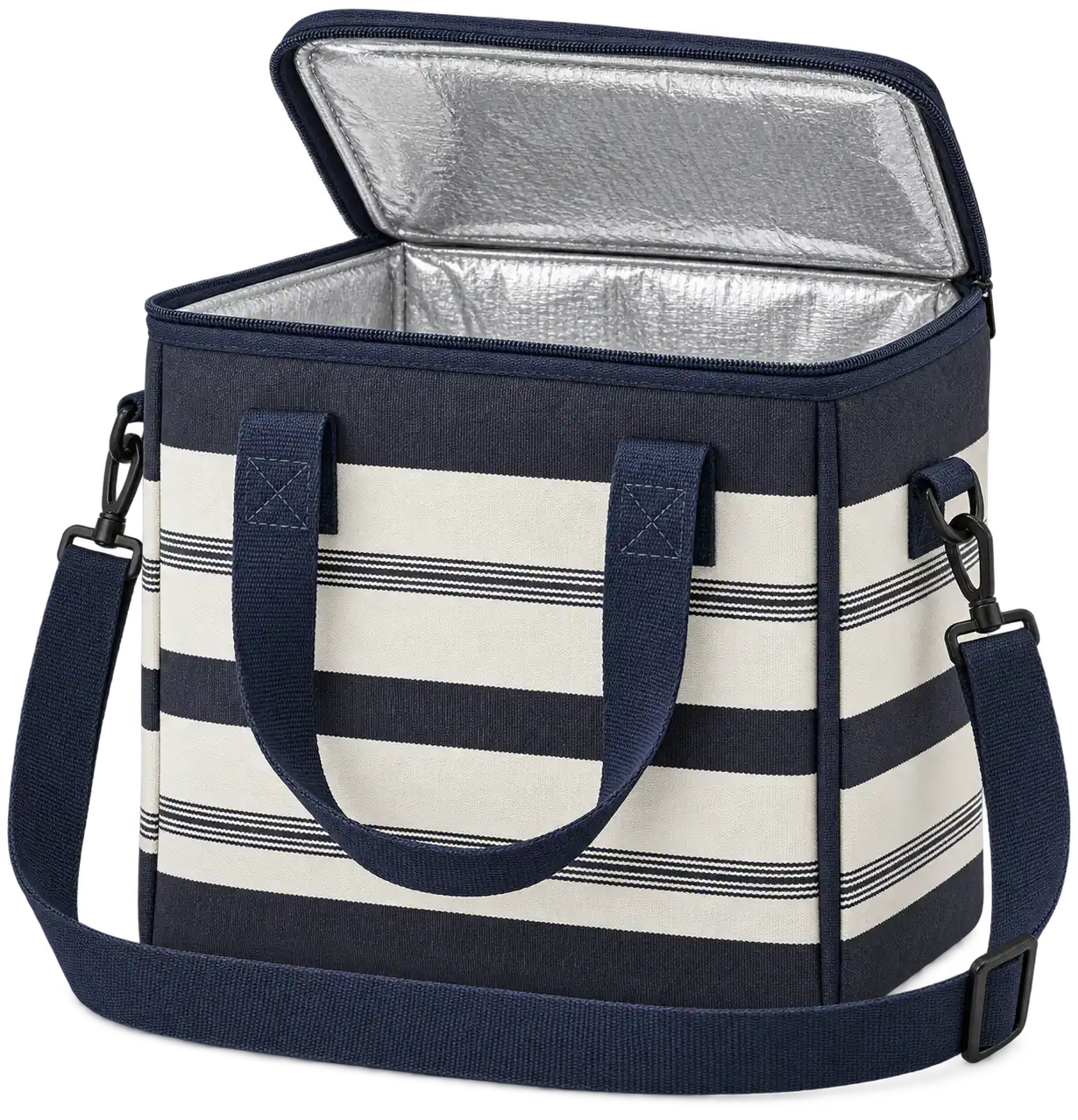 Navy Charcoal With Broad Ivory Stripes Polyspun Canvas Thermal Burger Delivery Bag — Navy blue