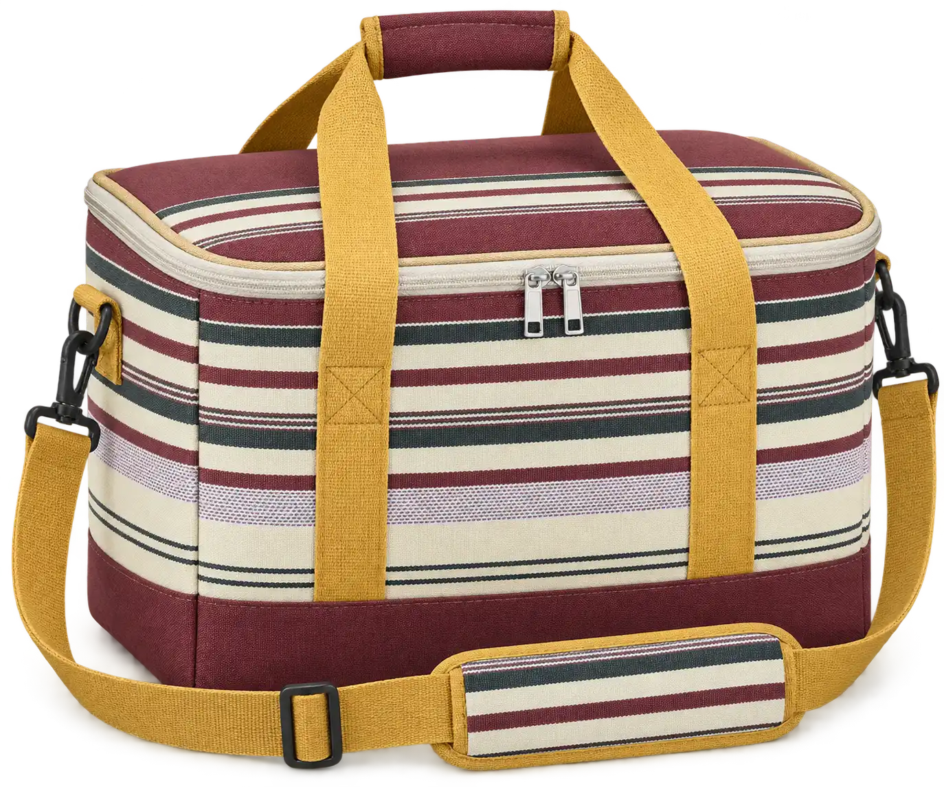 Burgundy Multicolour Narrow Stripes Polyspun Canvas Thermal Cooler Bag — Golden yellow