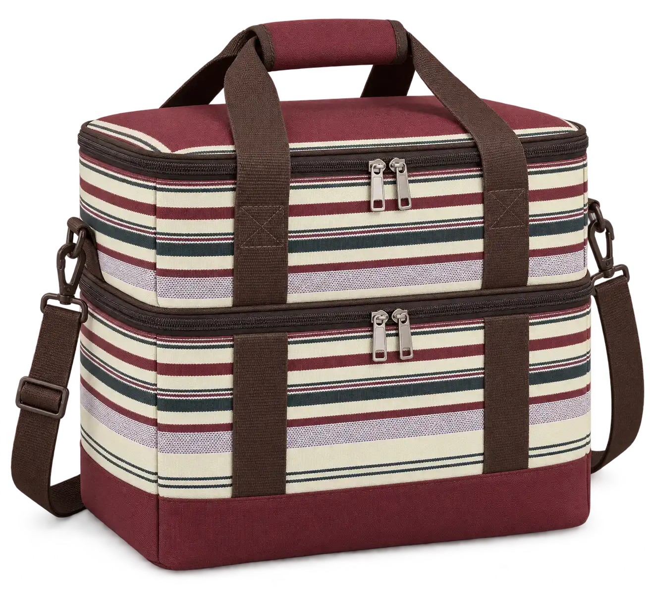 Burgundy Multicolour Narrow Stripes Polyspun Canvas Thermal Food Delivery Bag — Chocolate brown