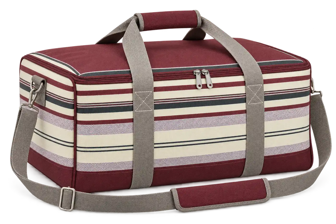 Burgundy Multicolour Narrow Stripes Polyspun Canvas Thermal Pizza Delivery Bag — Warm grey