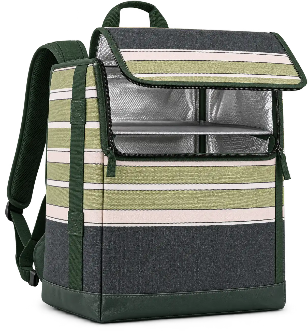 Charcoal With Olive And Pale Pink Stripes Polyspun Canvas Insulated Rider Delivery Bag — Forest green