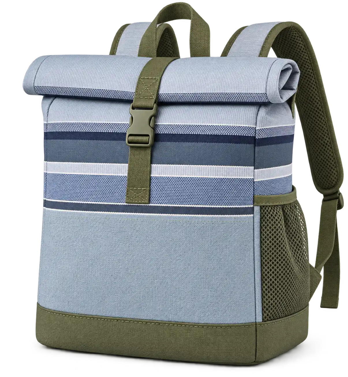Light Blue Grey With Navy And White Stripes Polyspun Canvas Thermal Cooler Bag — Olive green