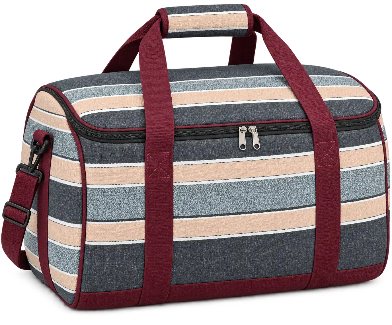 Charcoal With Peach And Pale Blue Stripes Polyspun Canvas Thermal Food Delivery Bag — Burgundy