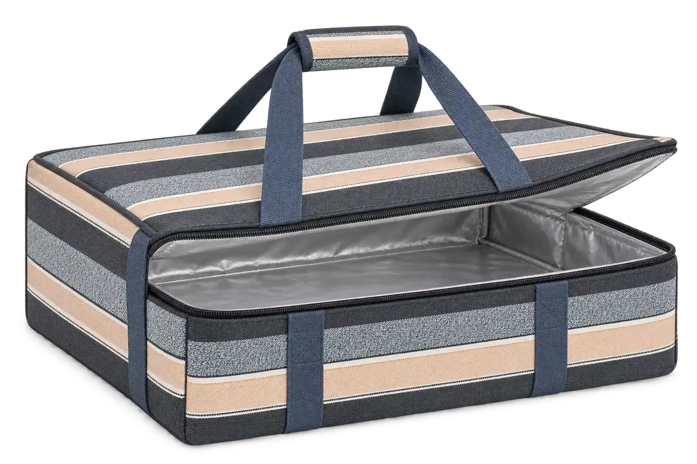 Charcoal With Peach And Pale Blue Stripes Polyspun Canvas Thermal Pizza Delivery Bag — Slate blue