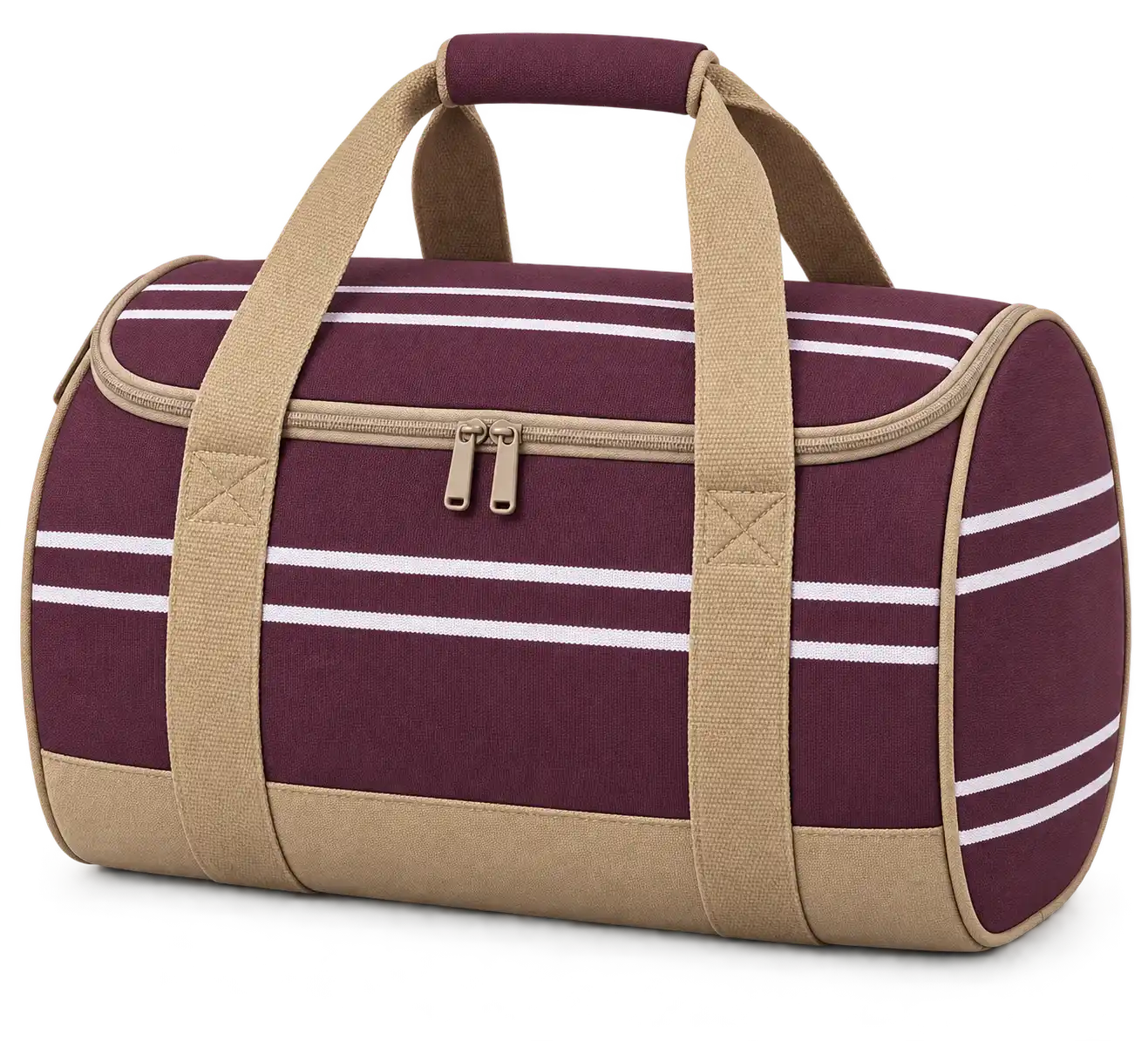 Plum Burgundy With Fine White Stripes Polyspun Canvas Thermal Cooler Bag — Camel tan