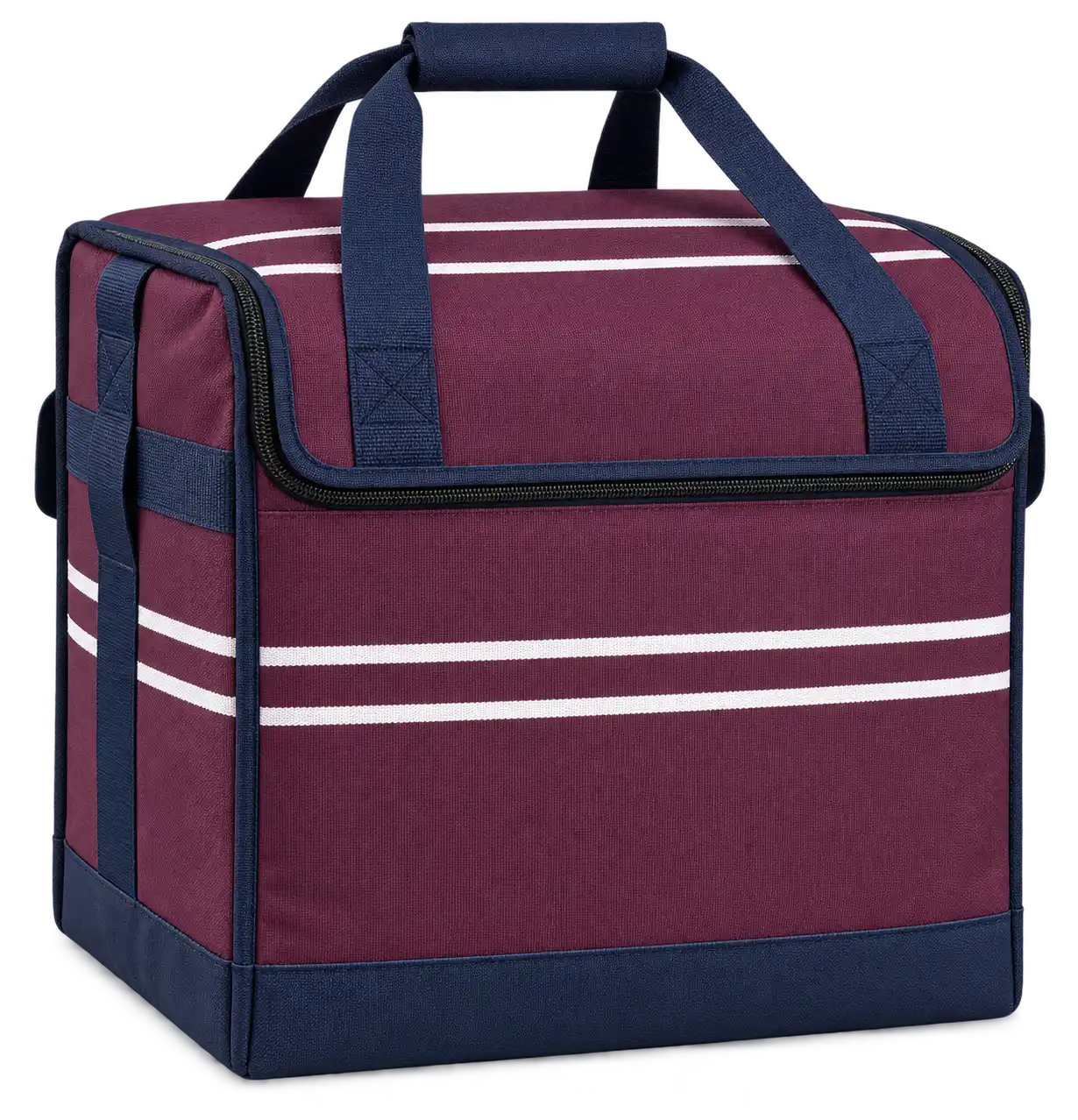 Plum Burgundy With Fine White Stripes Polyspun Canvas Thermal Food Delivery Bag — Navy blue