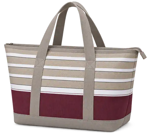 Burgundy With Taupe Grey And White Stripes Polyspun Canvas Thermal Cooler Bag