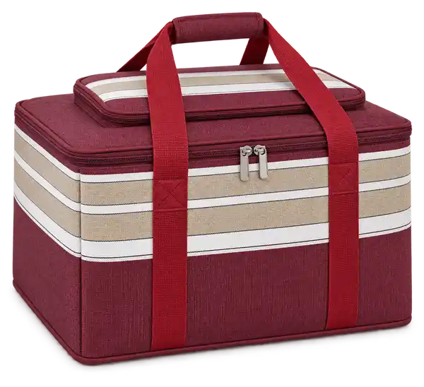 Burgundy With Taupe Grey And White Stripes Polyspun Canvas Thermal Food Delivery Bag