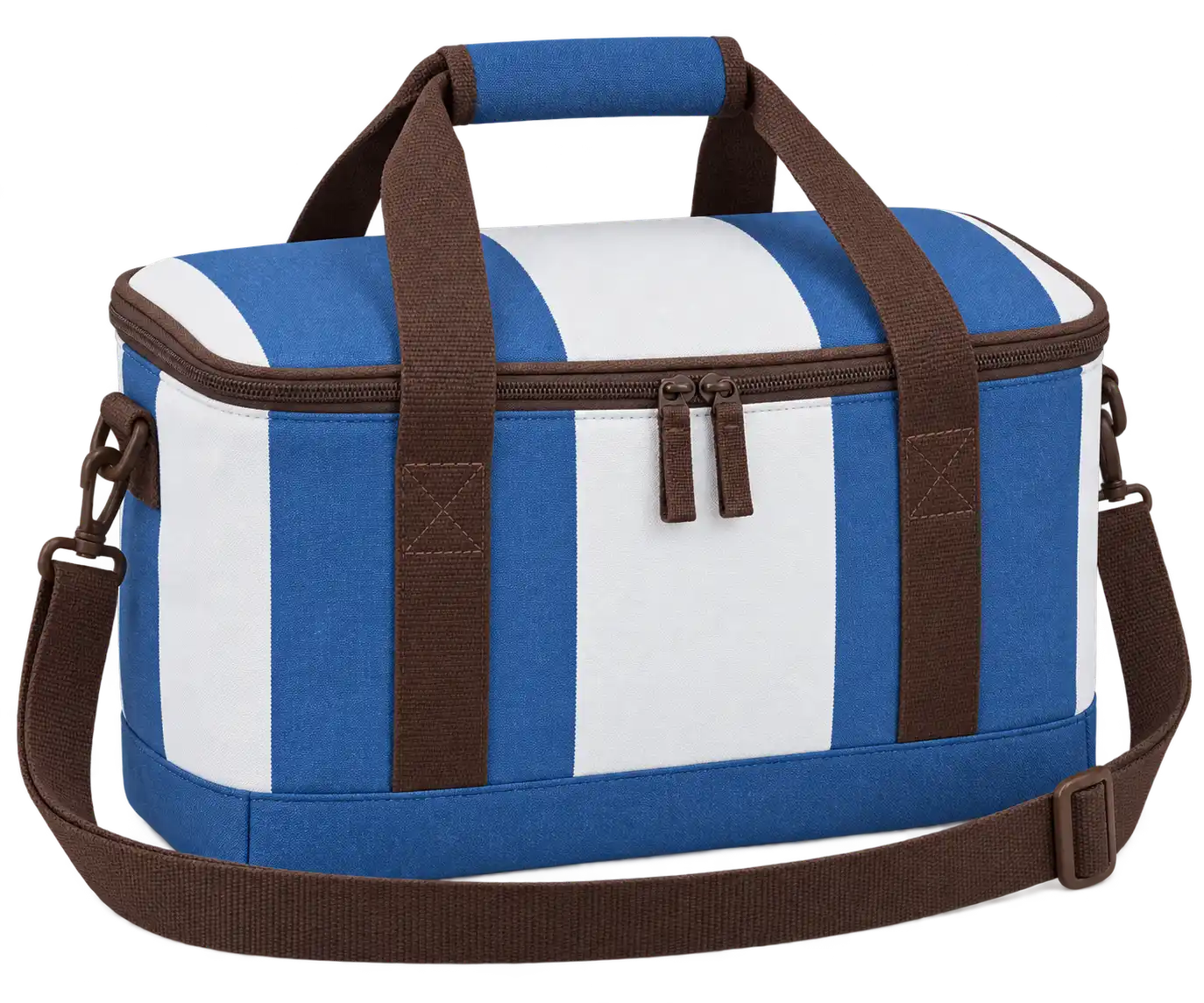 Denim Blue And White Broad Stripes Polyspun Canvas Thermal Cooler Bag — Chocolate brown