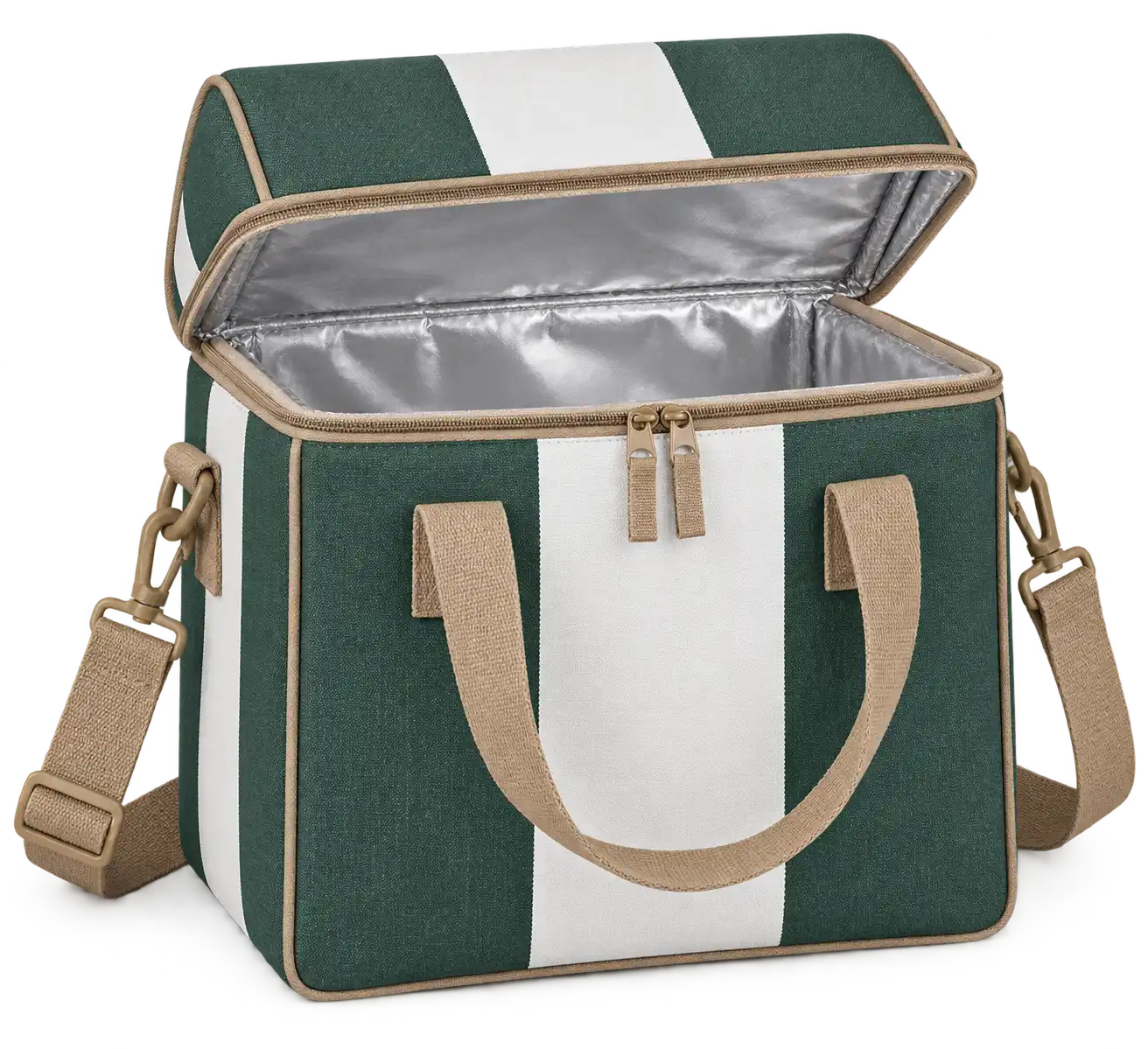Forest Green And White Broad Stripes Polyspun Canvas Thermal Burger Delivery Bag — Camel tan