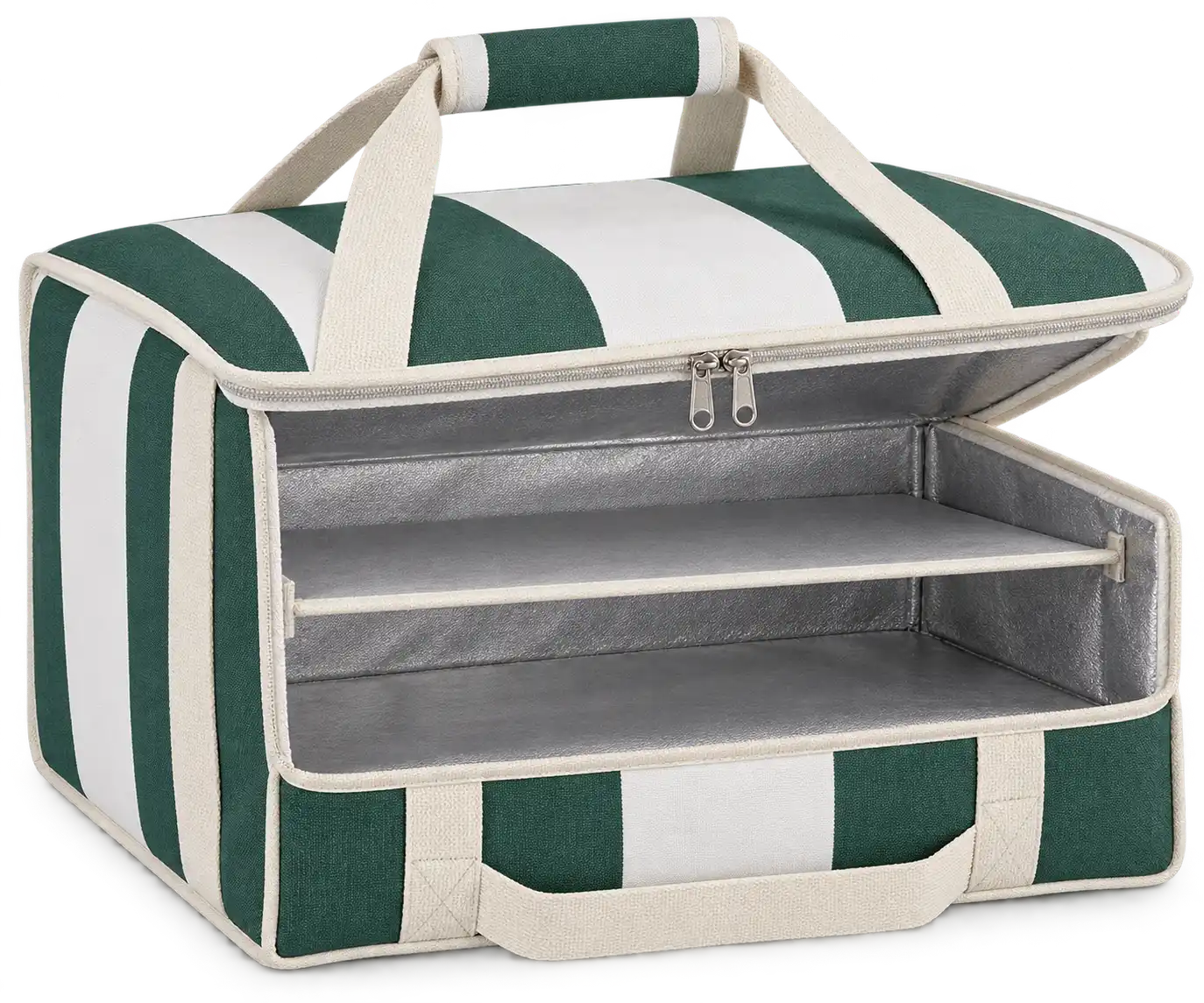 Forest Green And White Broad Stripes Polyspun Canvas Thermal Pizza Delivery Bag — Ivory
