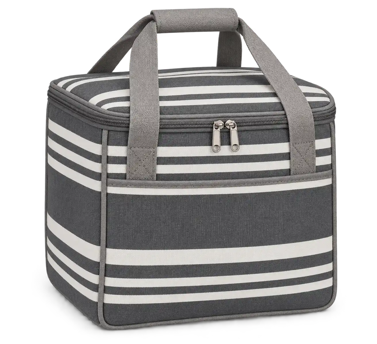 Charcoal Grey And Ivory Grouped Stripes Polyspun Canvas Thermal Burger Delivery Bag — Warm grey