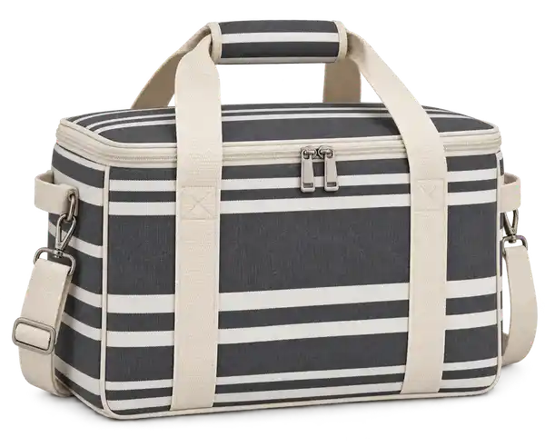 Charcoal Grey And Ivory Grouped Stripes Polyspun Canvas Thermal Cooler Bag