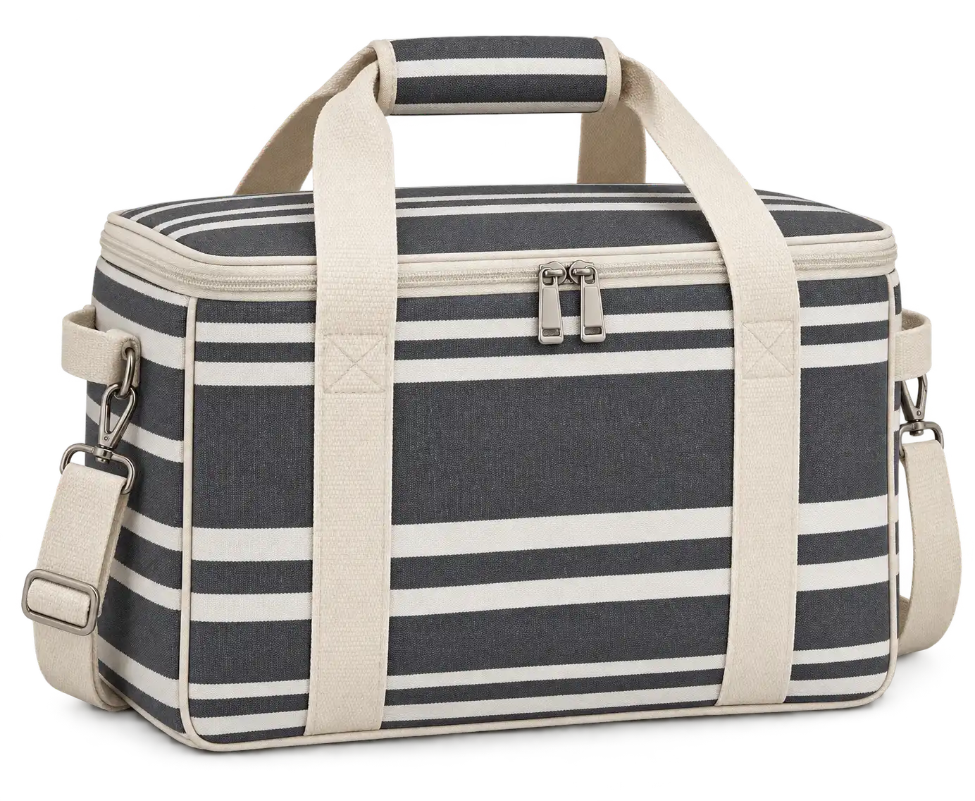 Charcoal Grey And Ivory Grouped Stripes Polyspun Canvas Thermal Cooler Bag — Cream