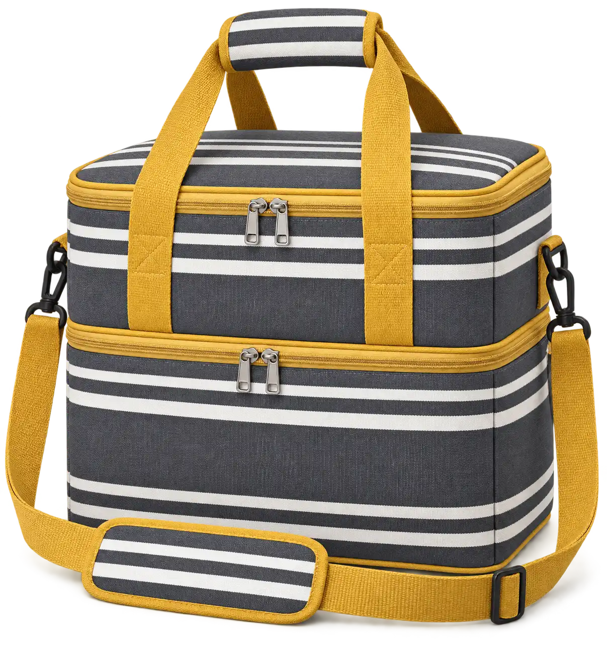 Charcoal Grey And Ivory Grouped Stripes Polyspun Canvas Thermal Food Delivery Bag — Golden yellow