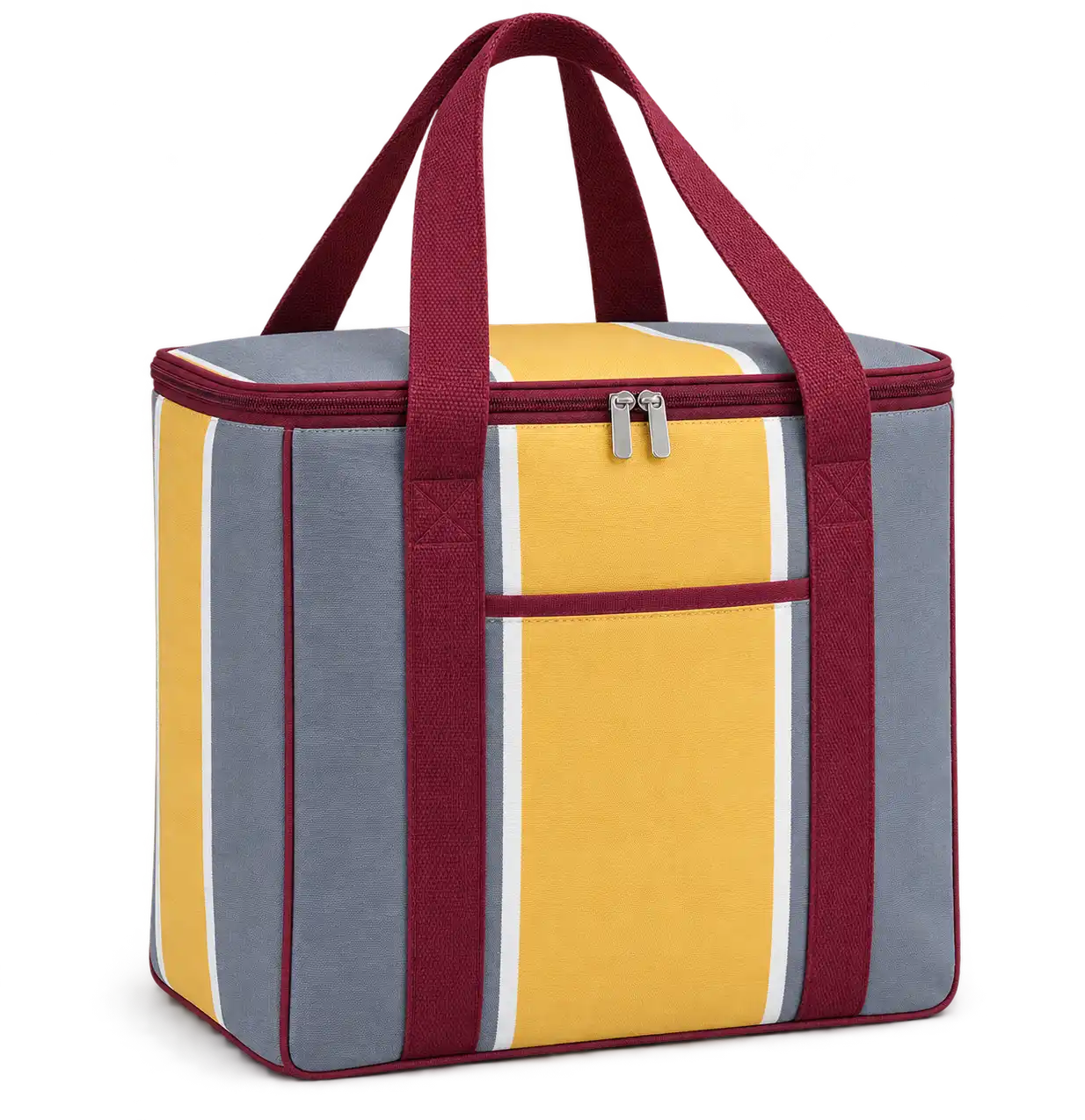 Slate Grey Golden Yellow And White Broad Stripes Polyspun Canvas Thermal Cooler Bag — Burgundy