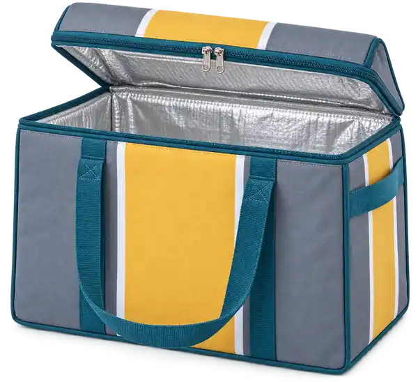 Slate Grey Golden Yellow And White Broad Stripes Polyspun Canvas Thermal Food Delivery Bag
