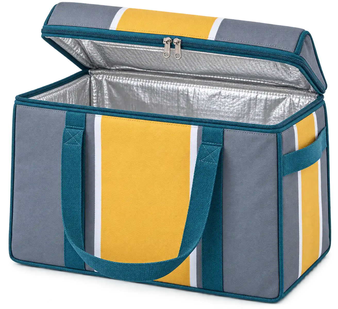 Slate Grey Golden Yellow And White Broad Stripes Polyspun Canvas Thermal Food Delivery Bag — Teal