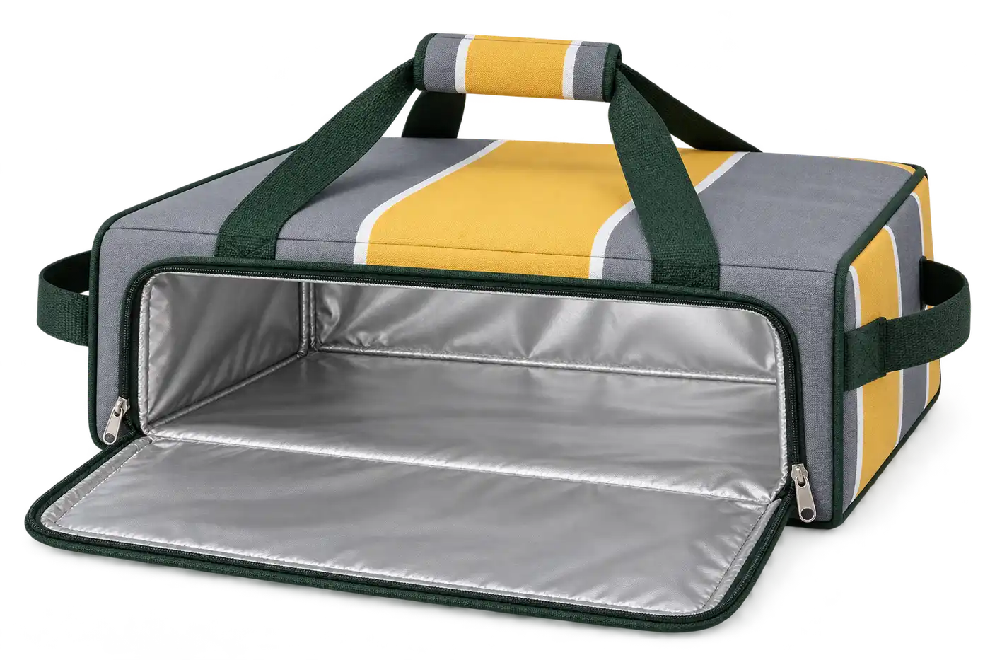 Slate Grey Golden Yellow And White Broad Stripes Polyspun Canvas Thermal Pizza Delivery Bag — Forest green