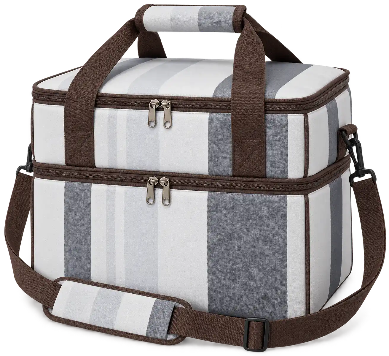 White And Slate Grey Broad Stripes Polyspun Canvas Thermal Burger Delivery Bag — Chocolate brown