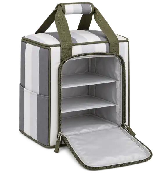 White And Slate Grey Broad Stripes Polyspun Canvas Thermal Food Delivery Bag