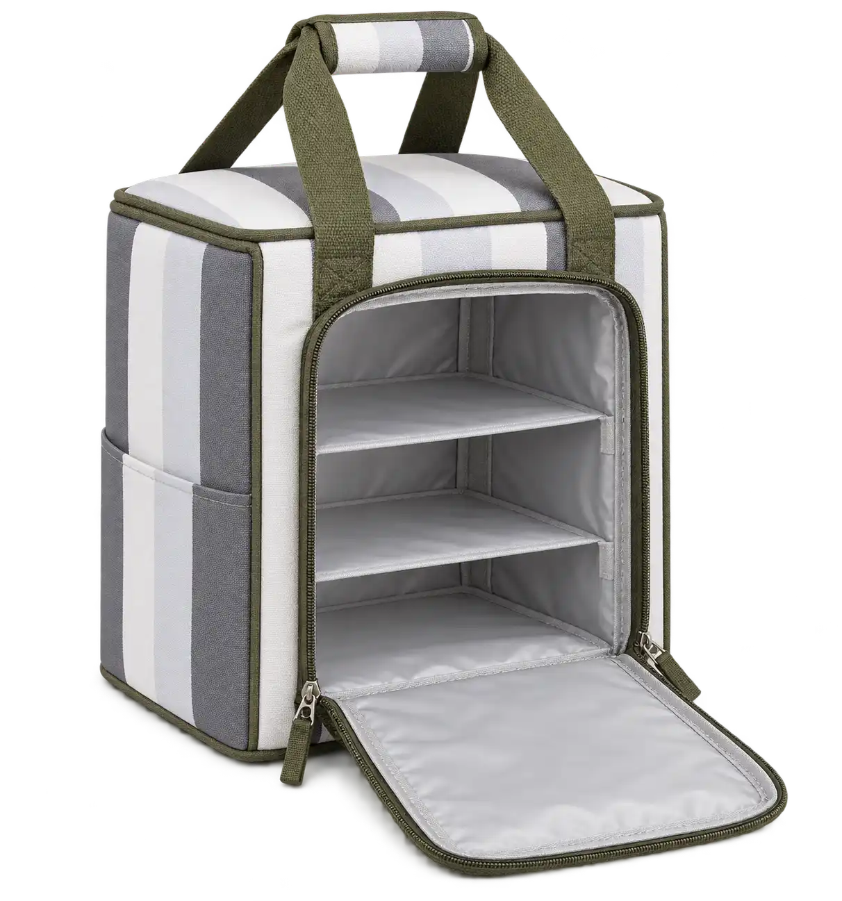 White And Slate Grey Broad Stripes Polyspun Canvas Thermal Food Delivery Bag — Olive green