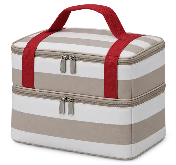 White And Taupe Broad Stripes Polyspun Canvas Thermal Cooler Bag