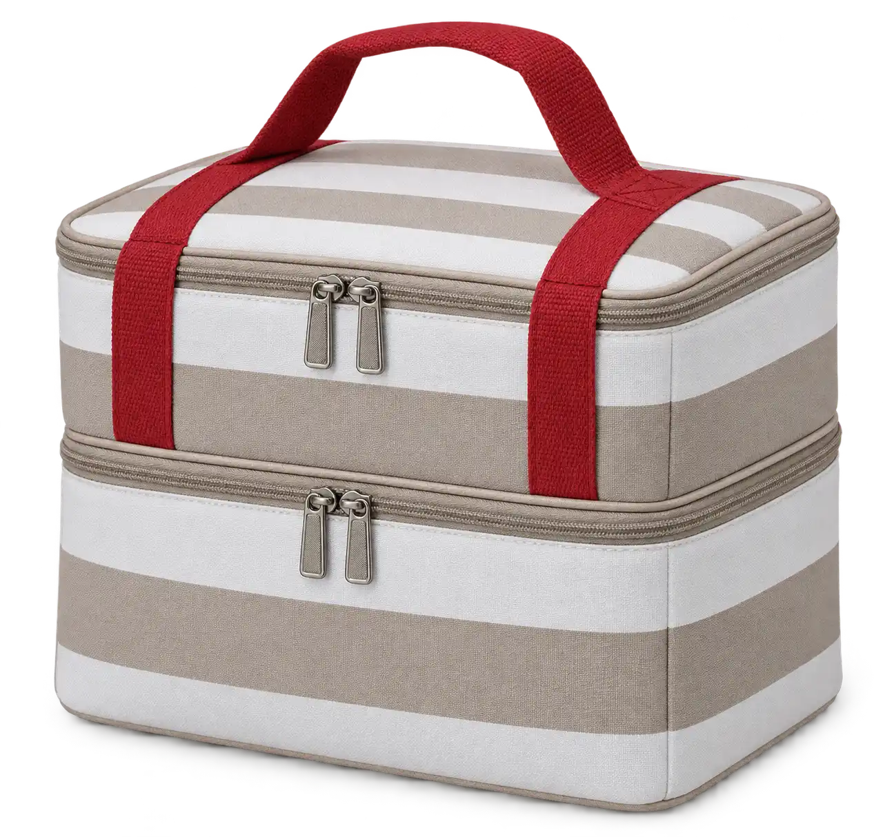 White And Taupe Broad Stripes Polyspun Canvas Thermal Cooler Bag — Red