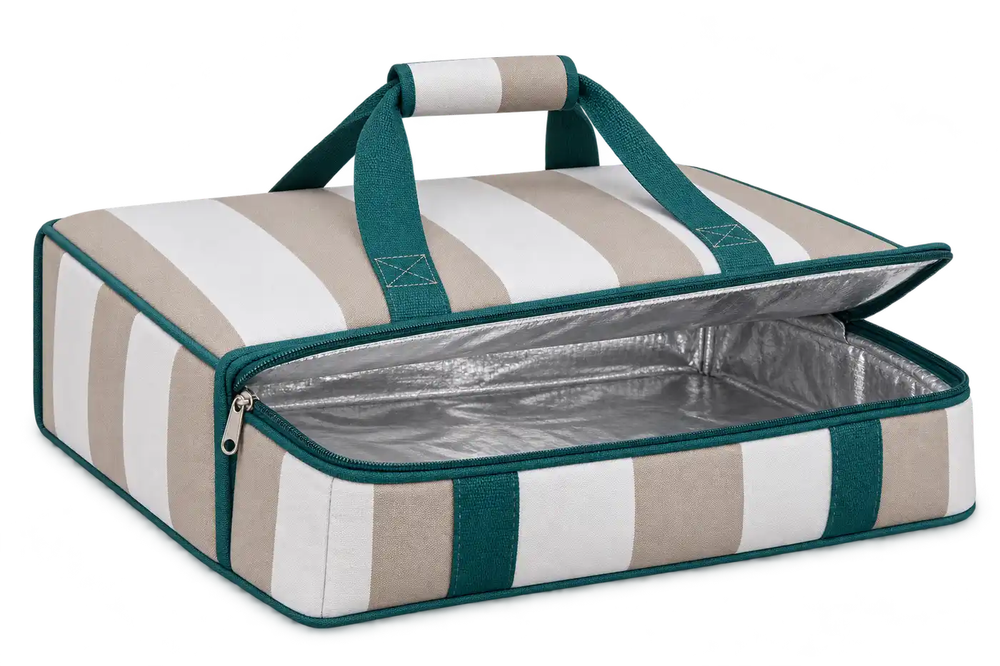 White And Taupe Broad Stripes Polyspun Canvas Thermal Pizza Delivery Bag — Teal