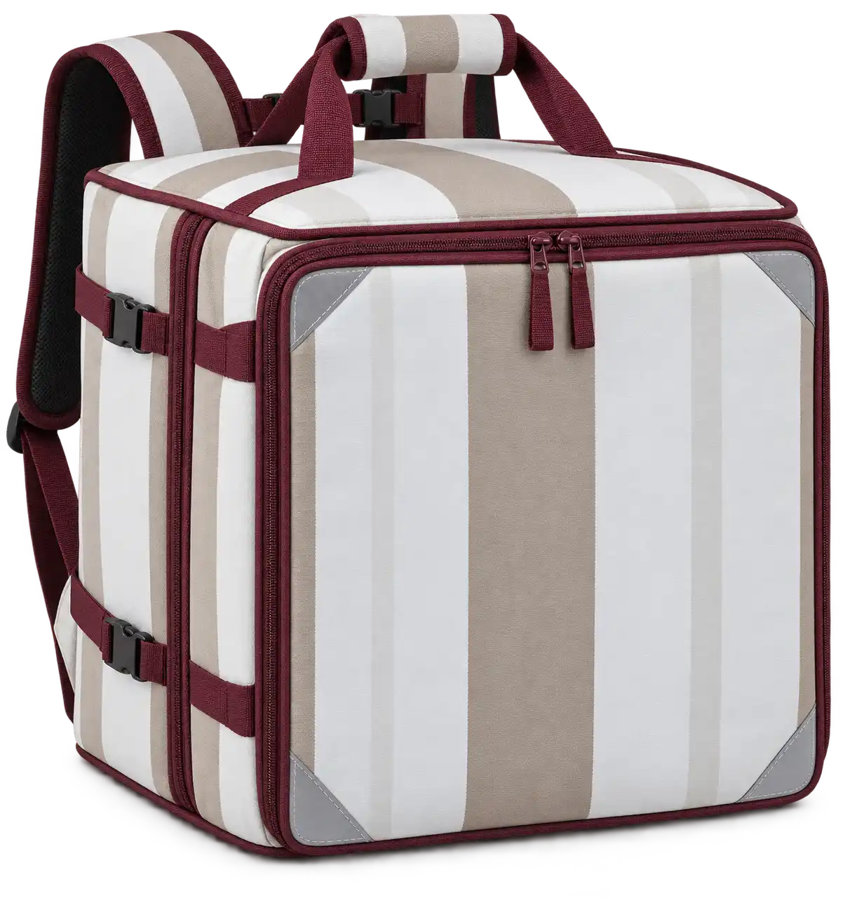 White And Taupe Broad Stripes Polyspun Canvas Insulated Rider Delivery Bag — Burgundy