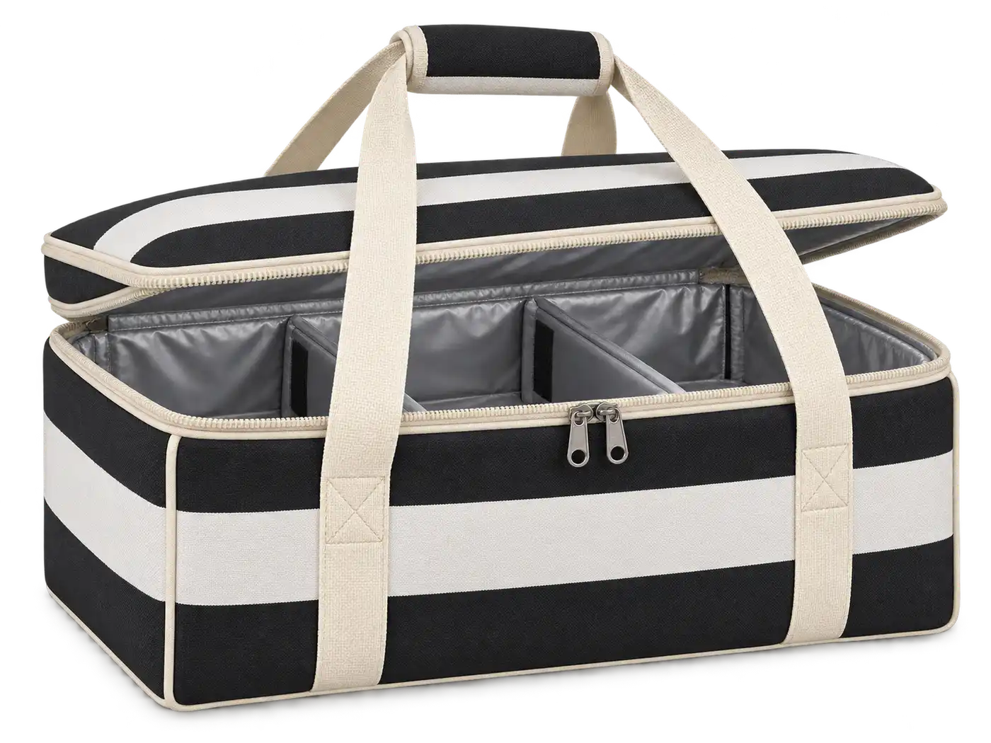 Black And White Broad Stripes Polyspun Canvas Thermal Burger Delivery Bag — Cream