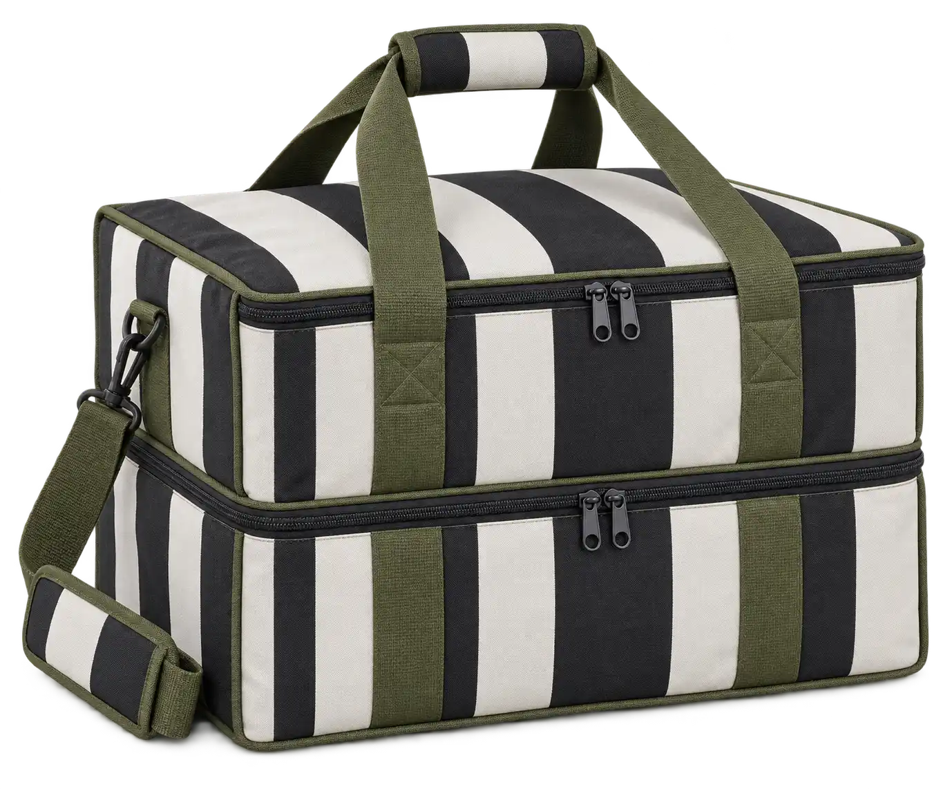 Black And White Broad Stripes Polyspun Canvas Thermal Pizza Delivery Bag — Olive green