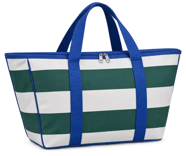 White And Forest Green Broad Stripes Polyspun Canvas Thermal Cooler Bag