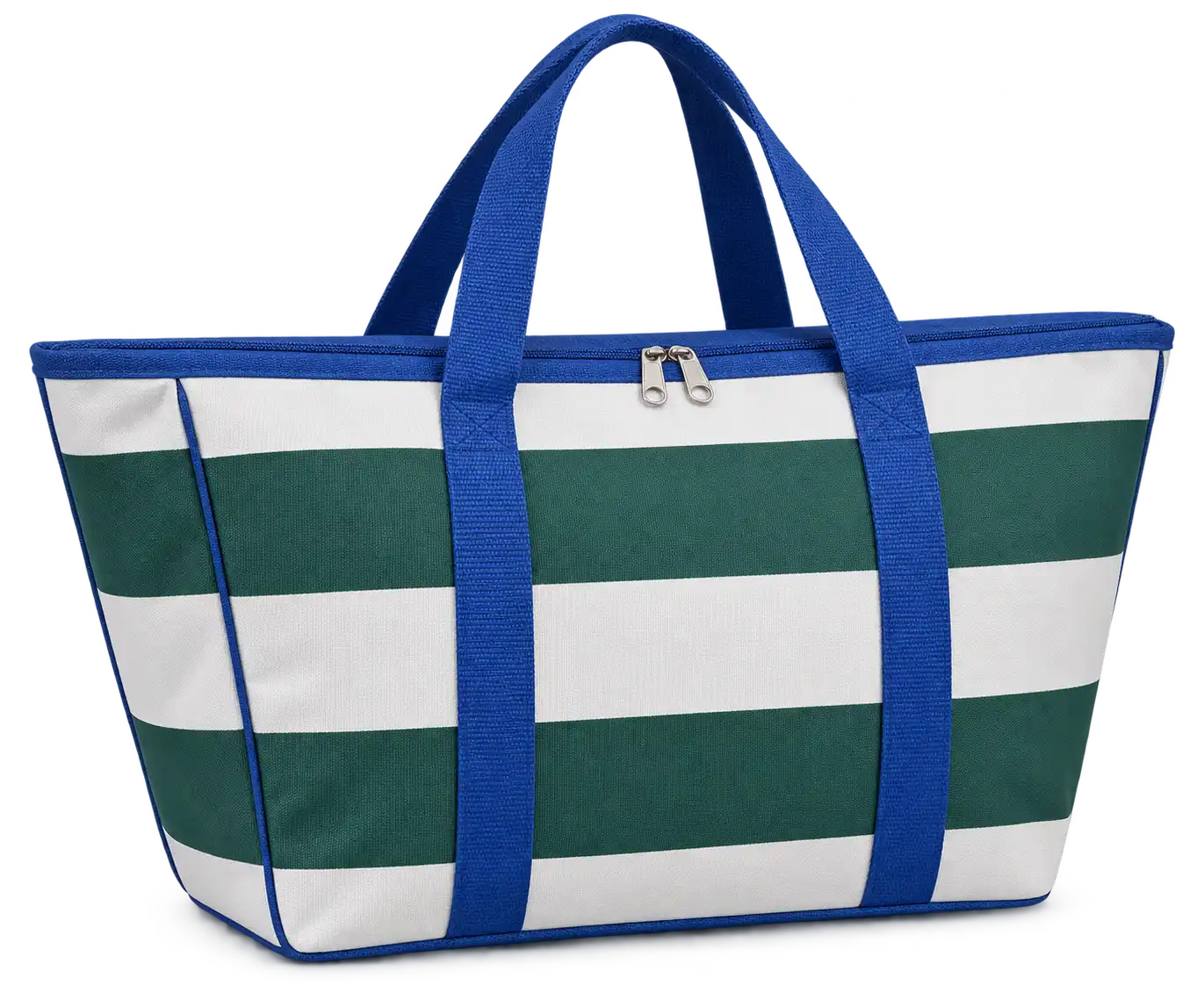 White And Forest Green Broad Stripes Polyspun Canvas Thermal Cooler Bag — Cobalt blue