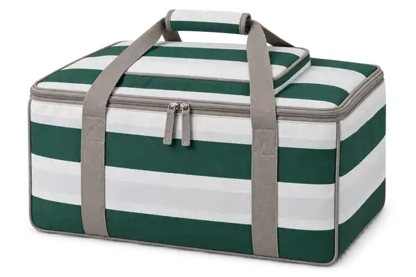 White And Forest Green Broad Stripes Polyspun Canvas Thermal Food Delivery Bag