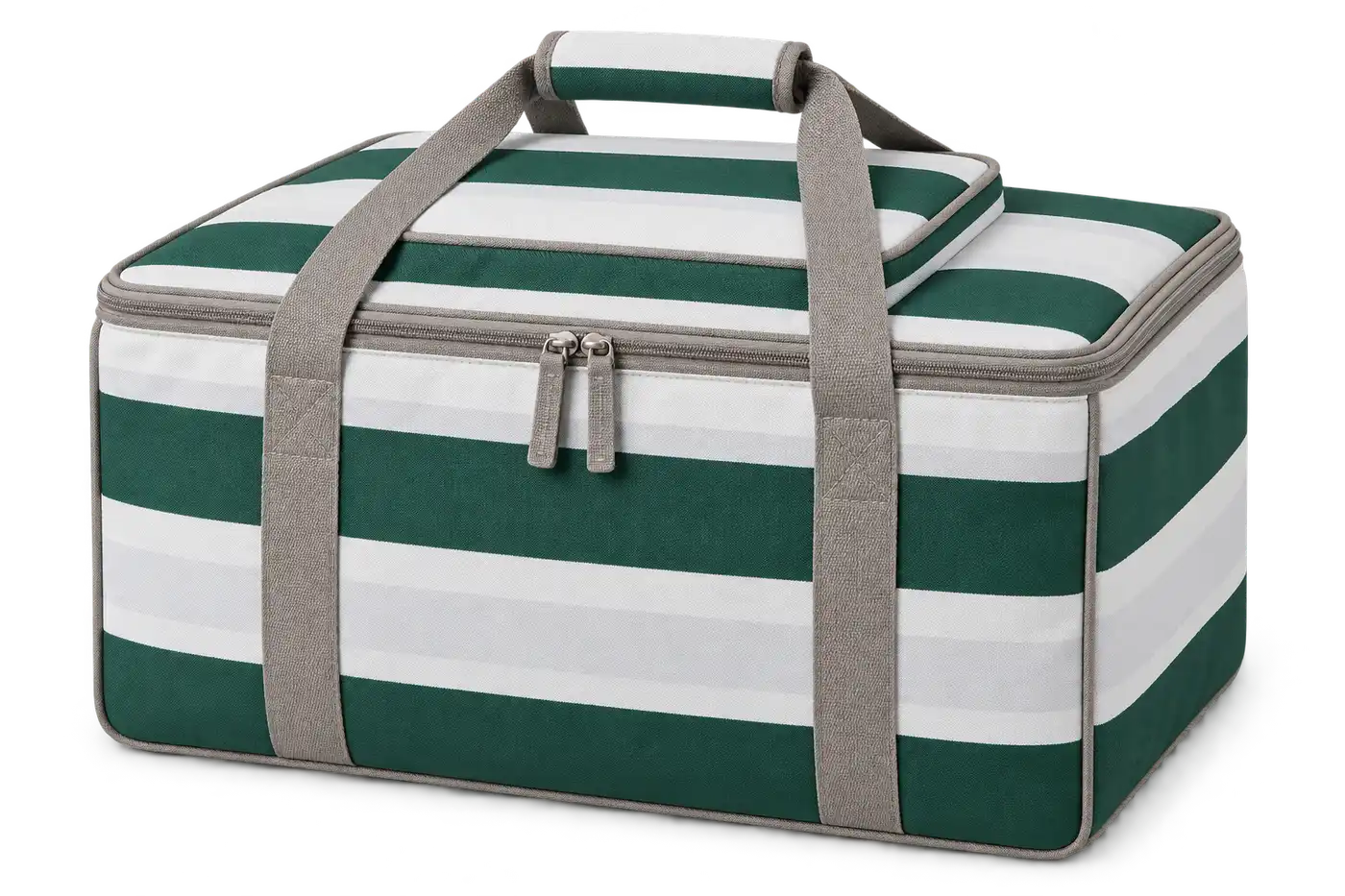 White And Forest Green Broad Stripes Polyspun Canvas Thermal Food Delivery Bag — Warm grey