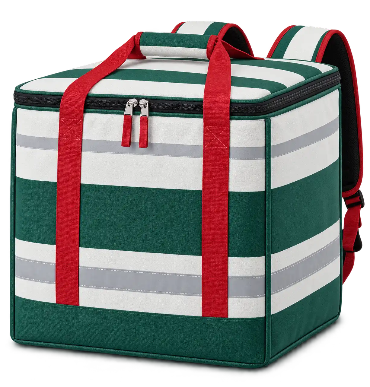 White And Forest Green Broad Stripes Polyspun Canvas Insulated Rider Delivery Bag — Red