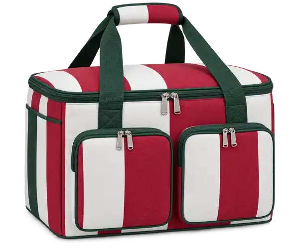 Red And White Broad Stripes Polyspun Canvas Thermal Cooler Bag