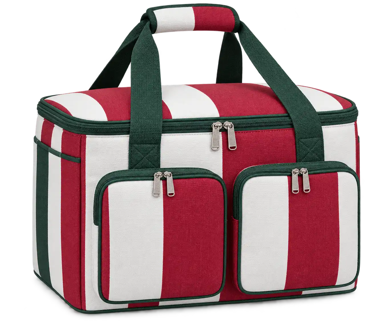 Red And White Broad Stripes Polyspun Canvas Thermal Cooler Bag — Forest green