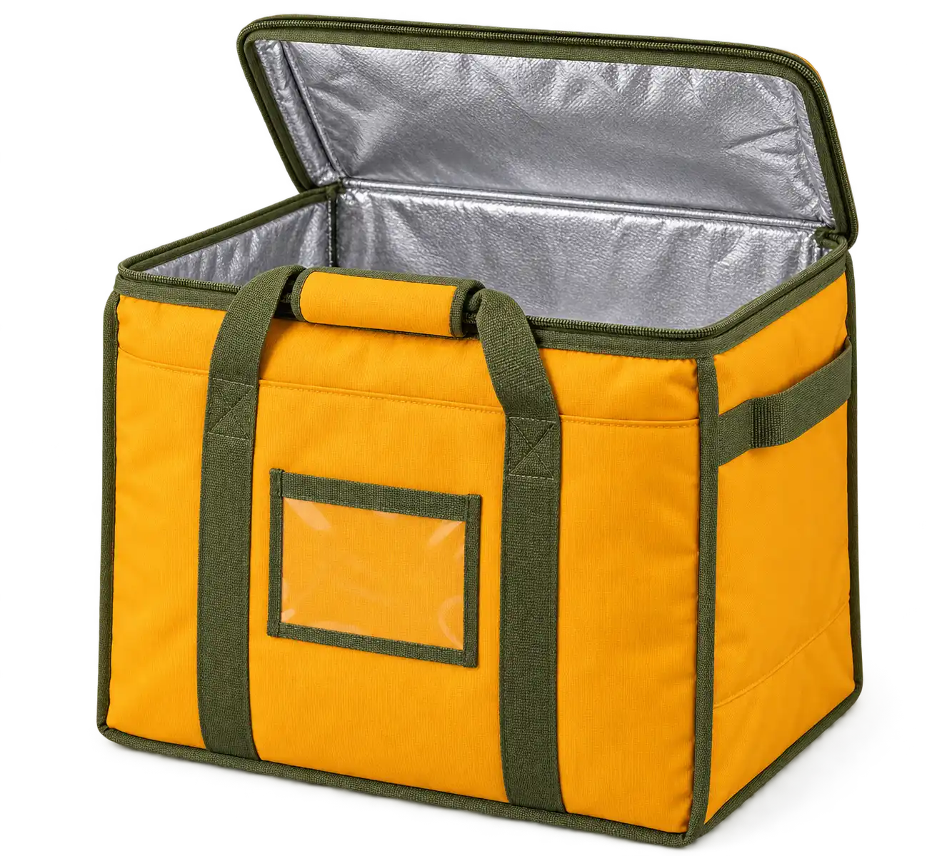 Saffron Orange Yellow Solution-Dyed Polyester Thermal Food Delivery Bag — Olive green