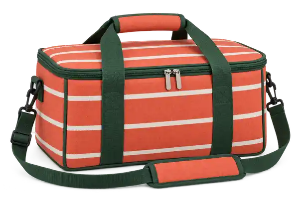 Coral Orange With Narrow Ivory Stripes Solution-Dyed Polyester Thermal Cooler Bag